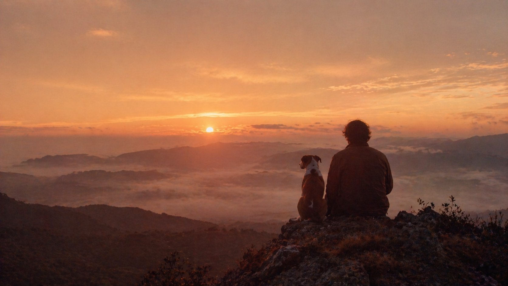 Pôr-do-sol com cão e dono