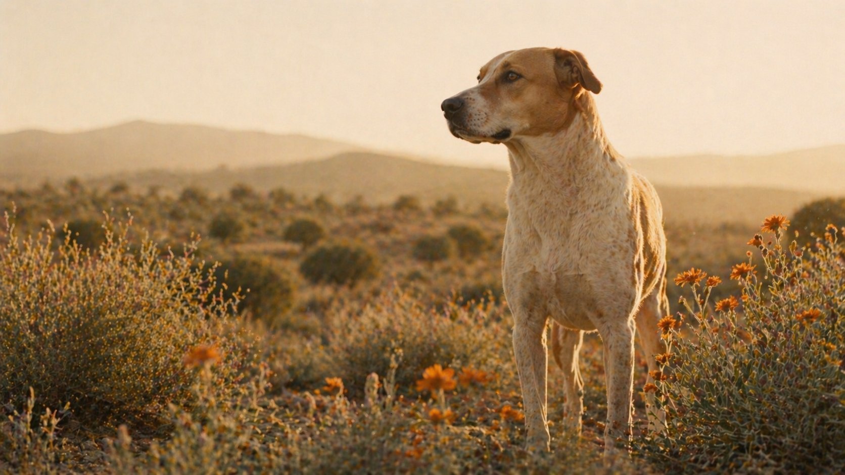 Cão entre plantas mediterrânicas