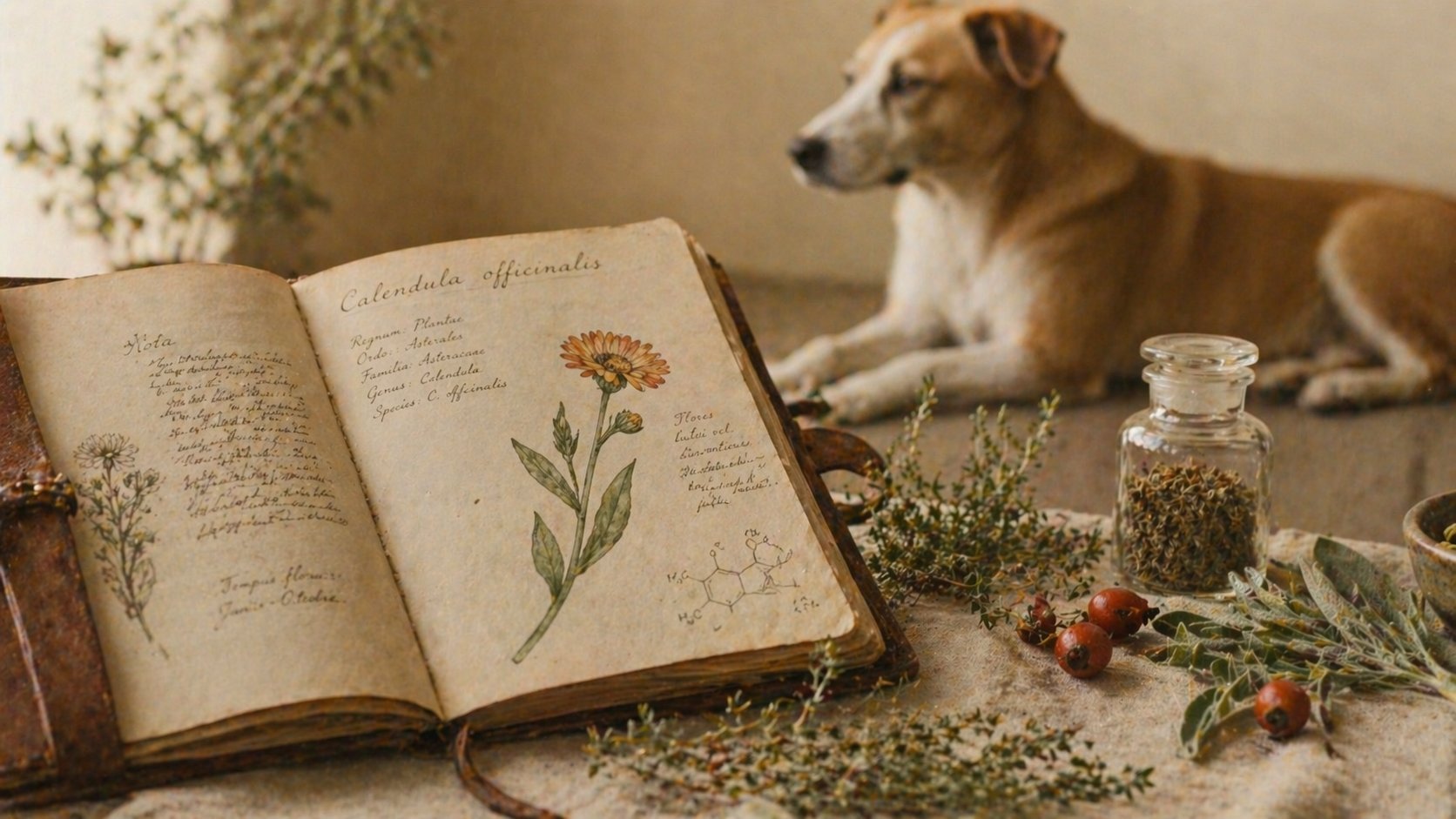 Livro botânico antigo com cão